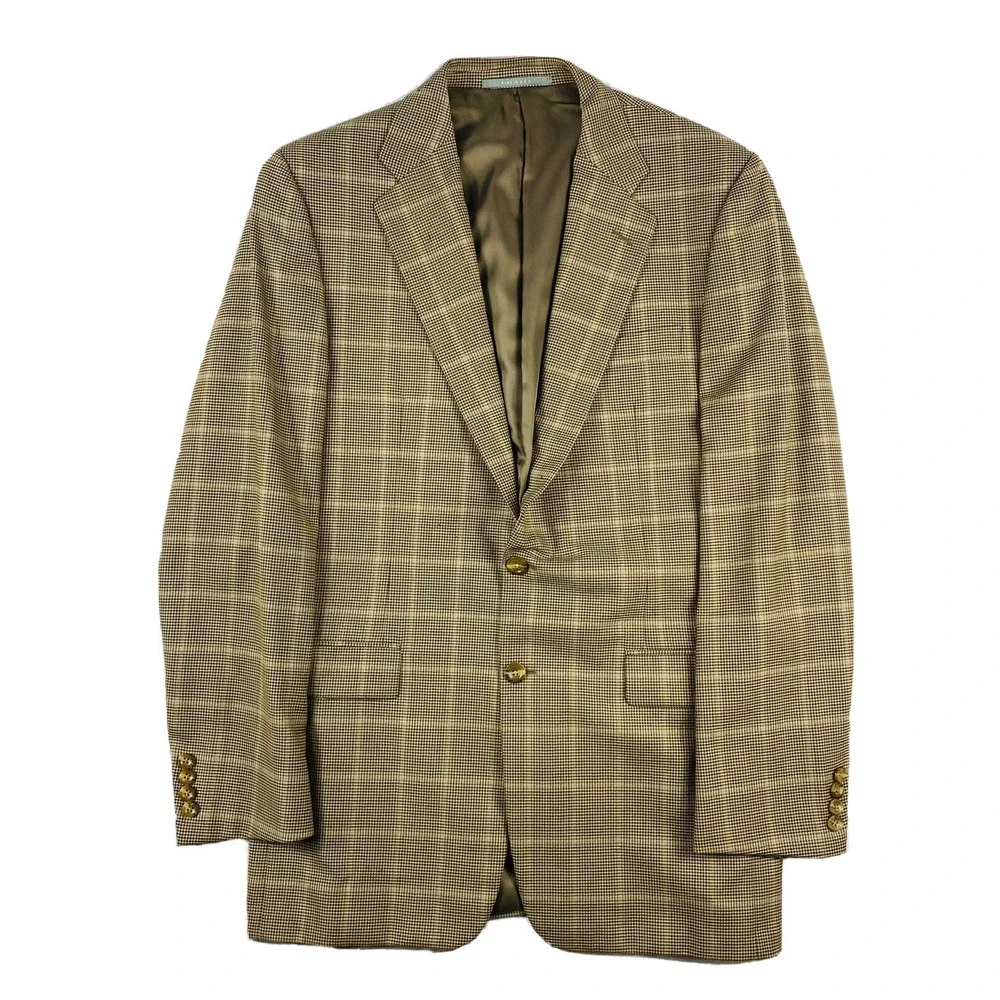 Hickey Freeman Brown Blue Windowpane Checked Wool Blazer Size 42L